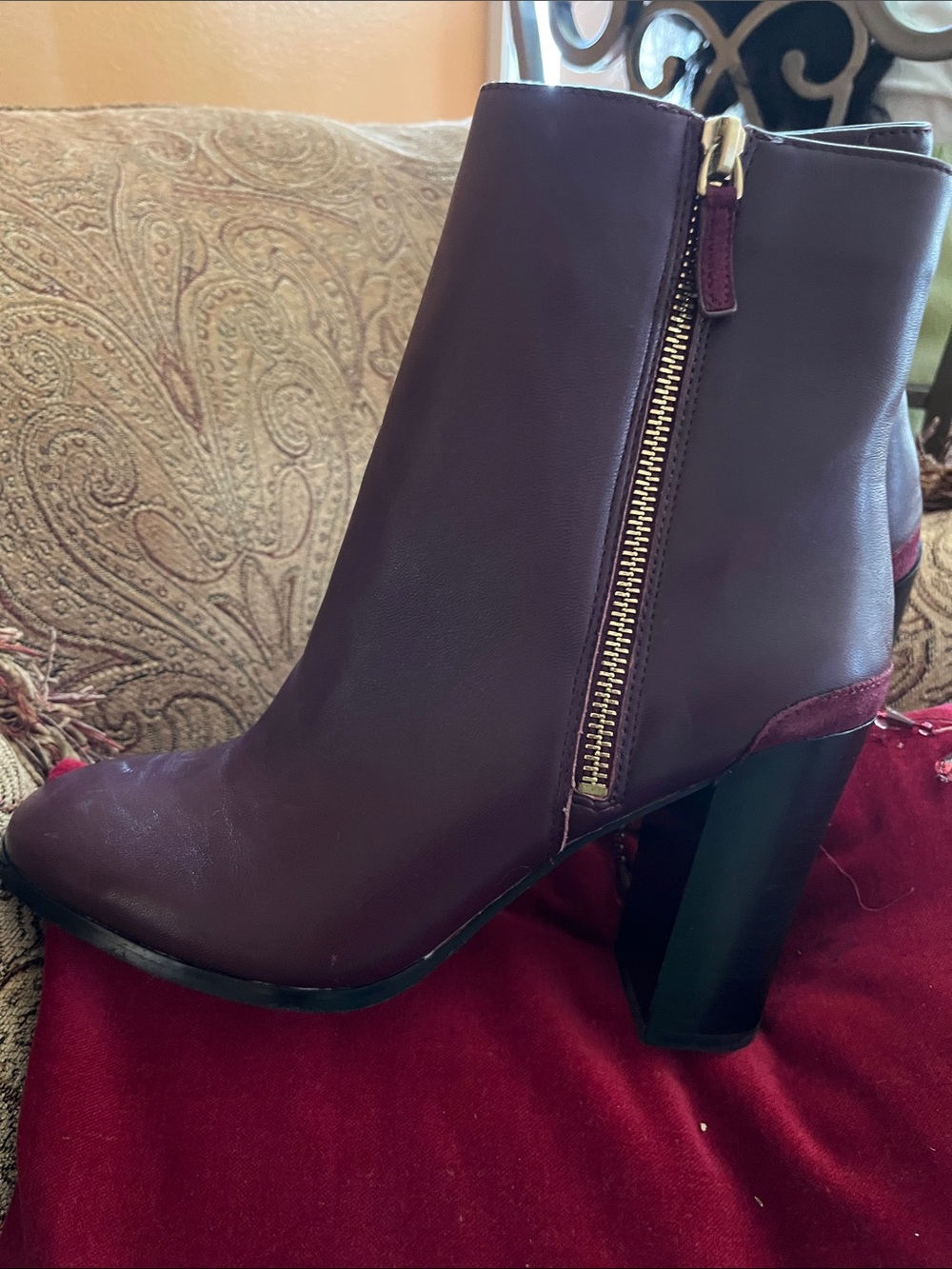 Women's Burgundy Leather Block Heel Ankle Boot with Side Zip